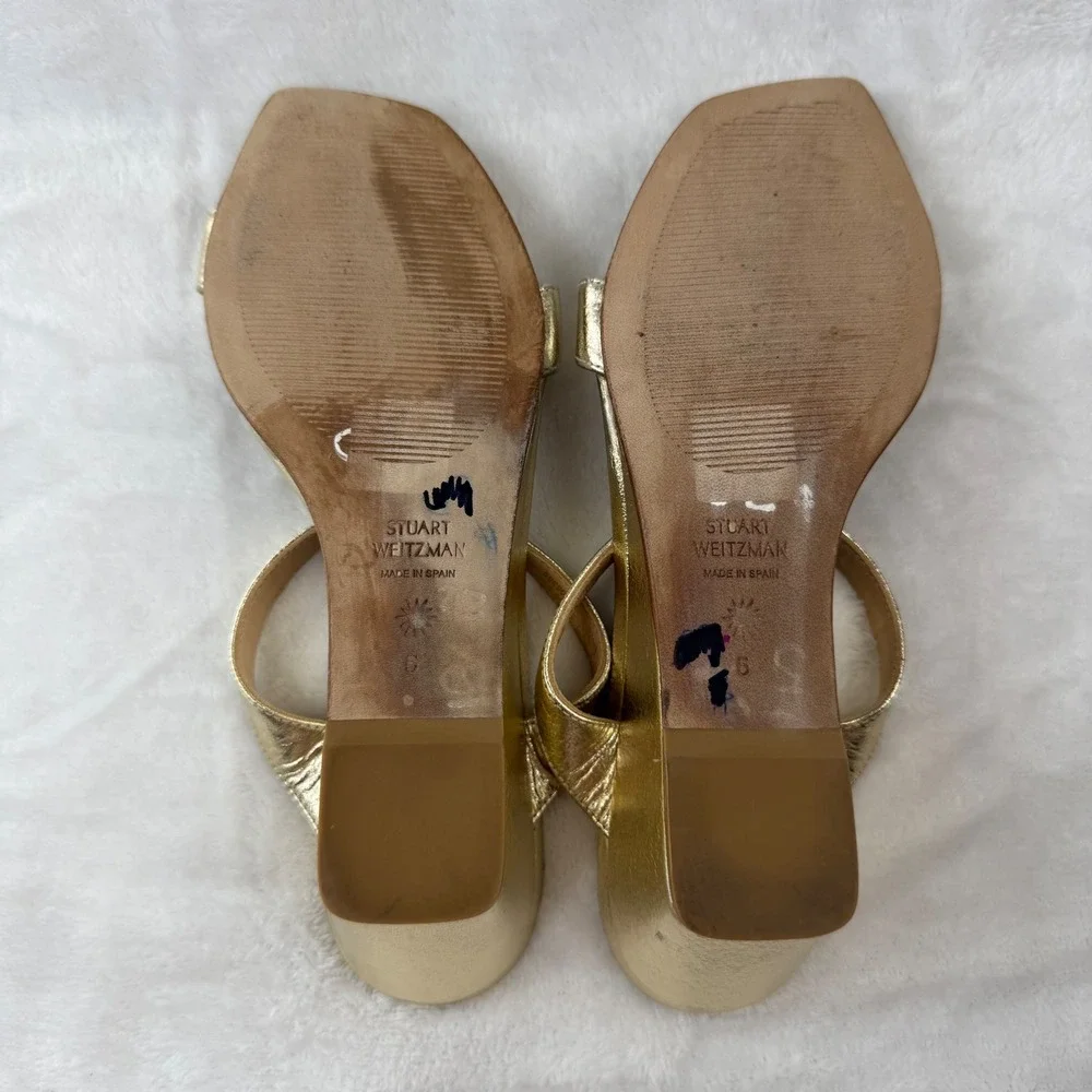 Stuart Weitzman Aleena 50 Gold Metallic Leather Square Toe‎ Wedge Sandals Size 5